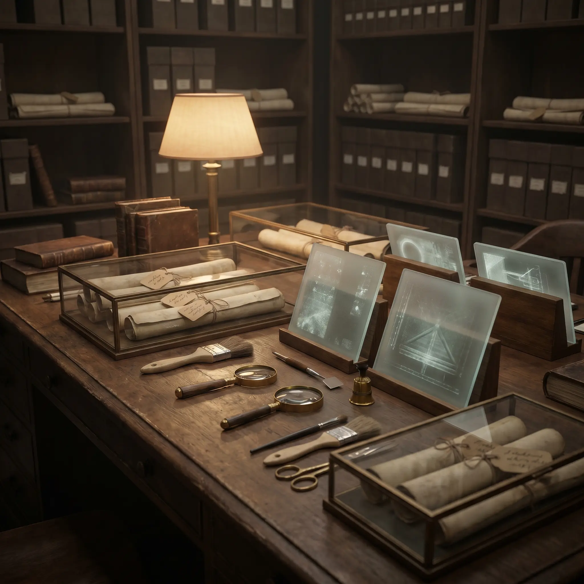 Editorial stewardship desk with annotated model artifacts and source tags